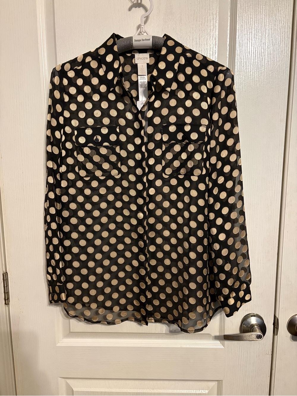 Chico's Sheer Black Blouse with Cream Polka Dots Size 1